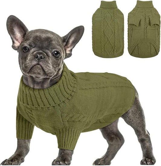 Queenmore Small Dog Pullover Sweater, Cold Weather Cable Knitwear, Classic Turtleneck Thick Warm Clothes for Chihuahua, Bulldog, Dachshund, Pugl,OliveGreen,M