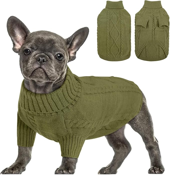 Queenmore Small Dog Pullover Sweater, Cold Weather Cable Knitwear, Classic Turtleneck Thick Warm Clothes for Chihuahua, Bulldog, Dachshund, Pugl,OliveGreen,L