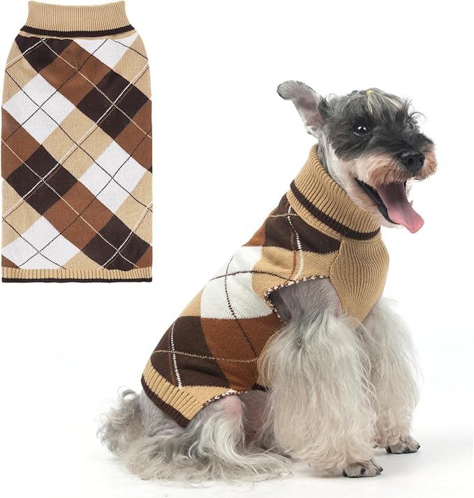 KOOLTAIL Dog Sweater Pet Knitted Clothes - Classic Plaid Pullover Turtleneck Thick Warm Fall Dog Sweaters with Leash Hole, Soft Dog Winter Clothes for Small Medium Large Dogs Cats Puppy Girls Boys,SM