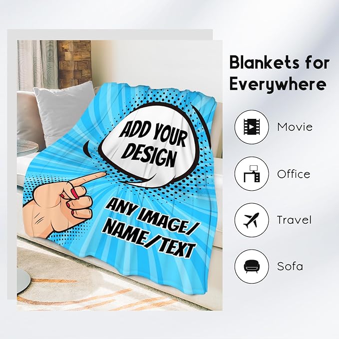 Personalized Photos Blanket - Custom Picture Blankets Gifts for Boys Teens Men - Lightweight Cozy Fleece Throw for Couch, Office - 4 Sizes