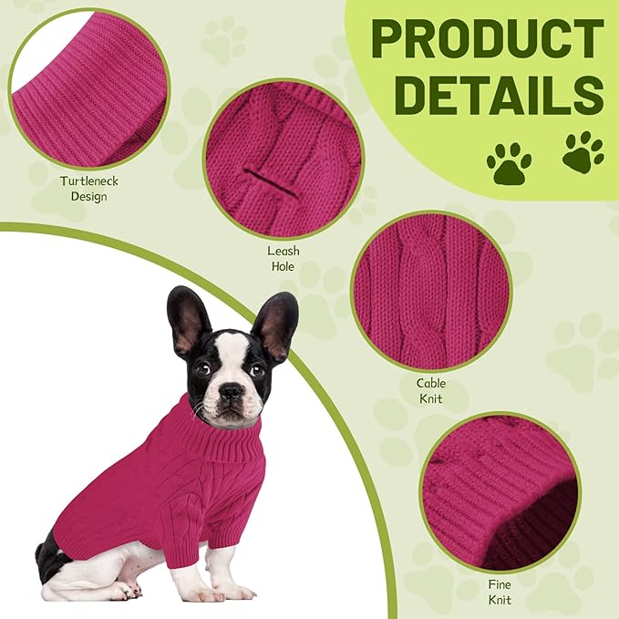 Small Dog Thermal Pullover Sweater, Classic Turtleneck Cable Knitwear Dog Clothes for Cold Weather Warm Pet Clothes for Chihuahua, Bulldog, Dachshund, Pug Hot Pink Small