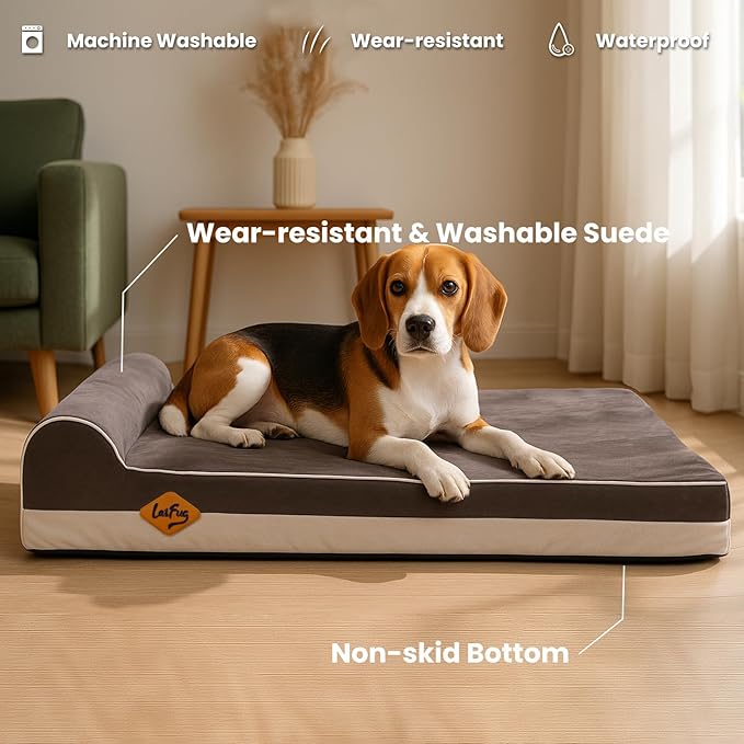 Laifug Orthopedic Memory Foam Dog Bed with Pillow and Durable Water Proof Liner & Removable Washable Cover & Smart Design Medium (34"x22"x5.5"), Grey
