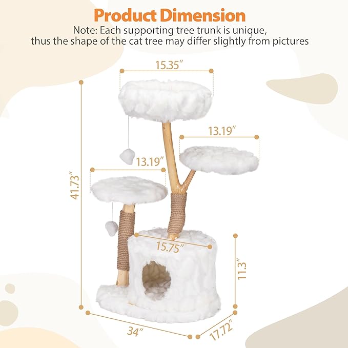 COZIWOW Cloud Cat Tree Tower, Solid Natural Wood Branches, Modern, Aesthetic, Unique, Cat-Approved, 34" L x 17.7" W x 41.7" H, White