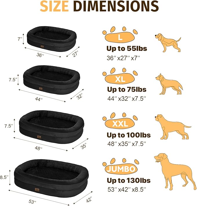 Orthopedic Washable Large Dog Bed: Memory Foam Waterproof Pet Bed with Bolsters - Removable Orthopedic Cover for Medium Large Sized Dog Bed - Non-Slip Bottom - Black