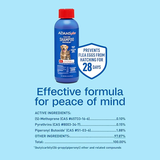 ADAMS Plus Flea & Tick Shampoo with Precor IGR for Cats, Kittens, Dogs & Puppies Over 12 Weeks Of Age, Sensitive Skin Flea Treatment, Kills Adult Fleas, Flea Eggs, Ticks, and Lice, 6 Ounces