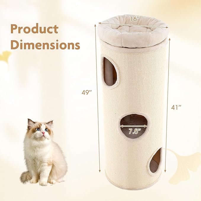 Tangkula 4 Story Cat Tree Condo, 49” Barrel-Shaped Cat House with Detachable Sisal Scratching Board, 3 Hideaways & Removable Soft Top Plush Bed, Interior Bamboo Mat, Modern Cat Tower for Indoor Cats