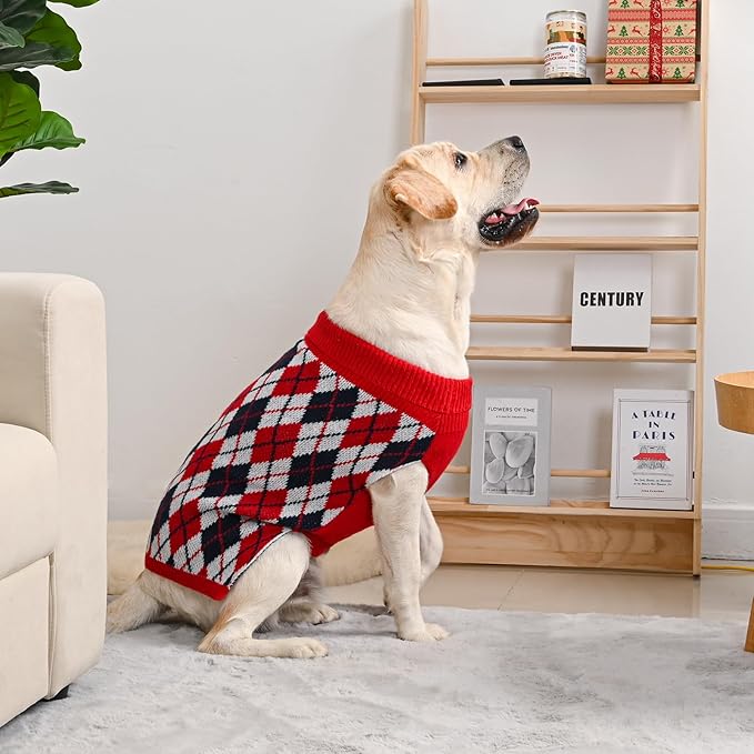 Dog Sweater for Large Dogs Plaid Checkered Knit Turtleneck Pullover Winter Clothes Boys Girls Stretch Golden Retriever Labrador Bulldog Pitbull Doberman Christmas Pet XXL