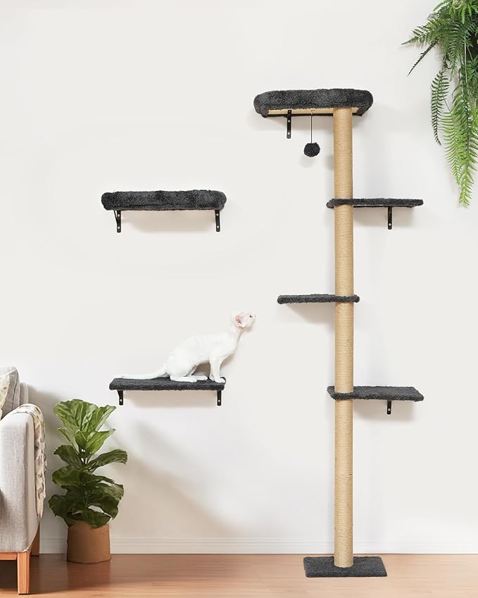 FUKUMARU Cat Wall Shelves, Stable 3-in-1 Wall Mounted Cats Furniture Set, Kitten Scratching Post with Soft Cushion Perch, Space Saving Climbing Wall for 16 Inch Drywall - Gray