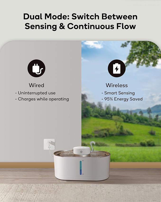 Cat Water Fountain Cordless, 108oz/3.2L Wireless Cat Fountains for Drinking, Pet Water Fountains for Cats Indoor, Automatic Cat Water Dispenser Battery Operated Rechargeable, Stainless Steel White