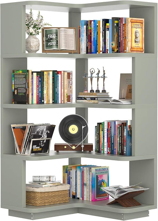 Armocity Corner Book Shelf - 5 Tier Corner Bookshelf Etagere Bookcase with Baffle, Freestanding L Shaped Display Shelf Stand for Home Office, Living Room, Bedroom, Kitchen, Crab Green