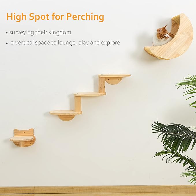 Cat Shelf for Wall Mount Hammock with 3-Levels Climbing Ladder and Shelves Moon Cats Wall Furniture for Activity Indoor Kitty (3-Levels Steps)