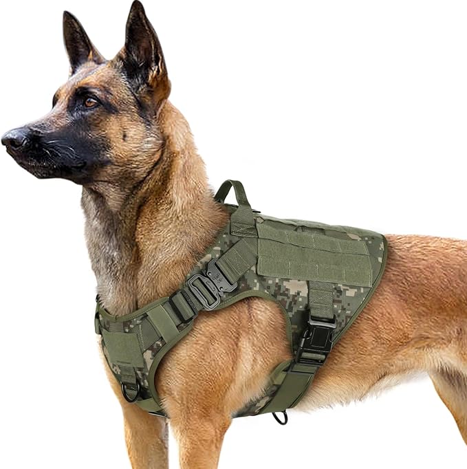 rabbitgoo Tactical Dog Harness for Large, Heavy Duty Pet Harness with Handle, No-Pull Service Vest Large Breed, Adjustable Military Dog Vest for Training Hunting Walking, Green Camo, L