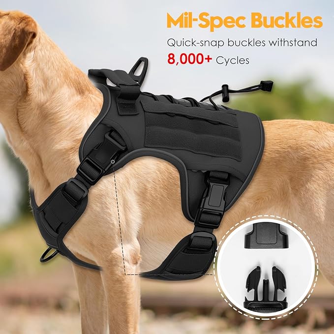 Heavy-Duty Tactical Dog Harness for Large Dogs, No Pull Adjustable Reflective Pet Vest with Molle System, K9 Military-Grade Control for Service Training, Outdoor & 10+ Breeds, Black, Large