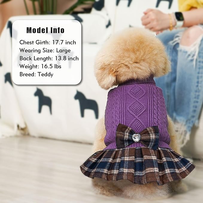 KYEESE Dog Sweater Thick Dogs Clothes with Bowtie Warm Pullover Pet Coats Comfy Knitwear Dog Sweaters for Small Dogs Girl Soft Turtleneck Pet Sweater Dress Stretchy Cat Sweaters, Purple, Medium