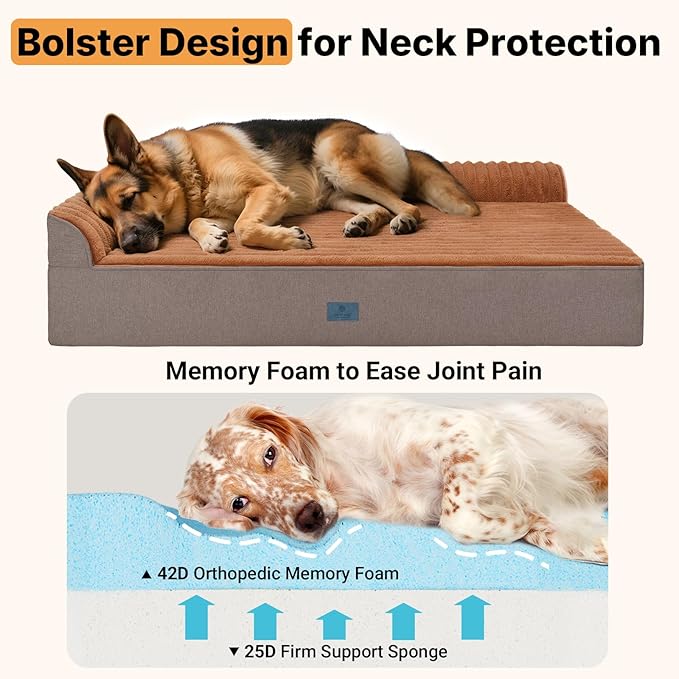 Veehoo Orthopedic Dog Bed for Large Senior Dogs, 7 Inch Thick XXL Memory Foam Dog Bed with L Shaped Bolsters, Orthopedic Pet Couch with Waterproof Liner & Removable Washable Cover, 52"x36"x7"