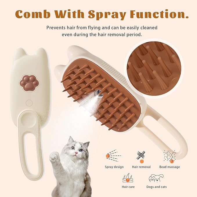Cat Brush Cat Steam Brush Rechargeable Steamy Pet Grooming For Shedding, Water Spray Massage Brushs, Dog Hair Removal Self Cleaning Brushs Steamer Wet Spa Comb (Beige)