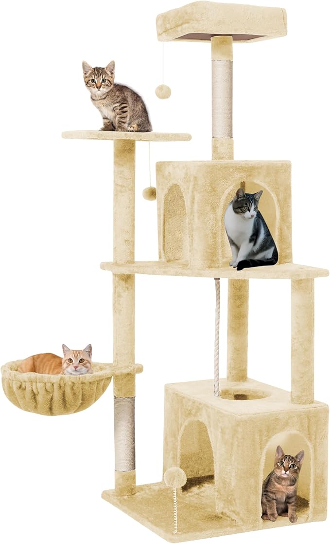 Cat Tree 54-Inch Cat Tower with Padded Plush Perch 2 Comfy Caves, Scratching Posts, Basket, 2 Pompoms, Multi-Level Plush Cat Condo for Indoor Cats Kittens, Beige