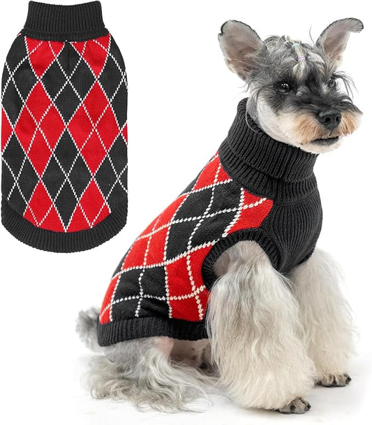 KOOLTAIL Knit Turtleneck Cold Weather Dog Sweater, Soft Diamond Plaid Pullover for Medium to Large Dogs, Warm Winter Coat for Pets, Great for Girls & Boys