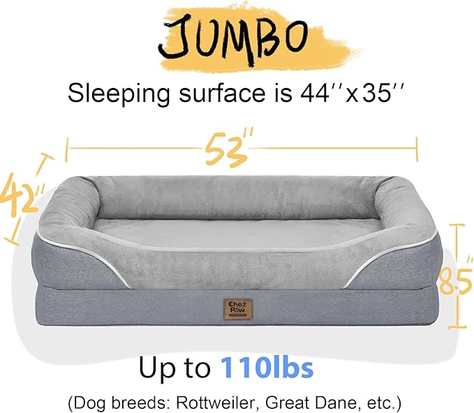 Washable Orthopedic Large Dog Bed - Removable Waterproof Cover with Bolster Extra Large Dog Bed Foam Support XL Large Big Pet Dogs Beds