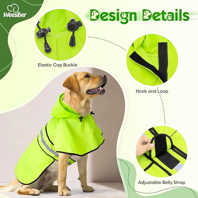Weesiber Dog Raincoat, Waterproof Dog Rain Jacket with Leash Hole, Reflective Puppy Rainwear Hooded Pet Poncho Slicker for Walking (L, Green)