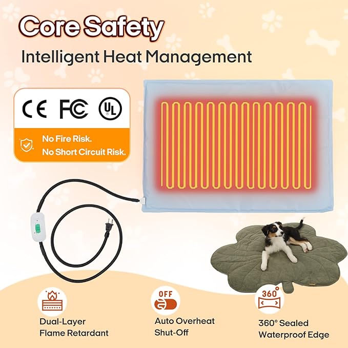 Green Clover Dog Heating pad (36"x26"), Pet Heating Pad for Dogs and Cats, Waterproof, Chew Resistant Cord, Adjustable Temperature, Machine Washable Cover,for Indoor/Outdoor Use，