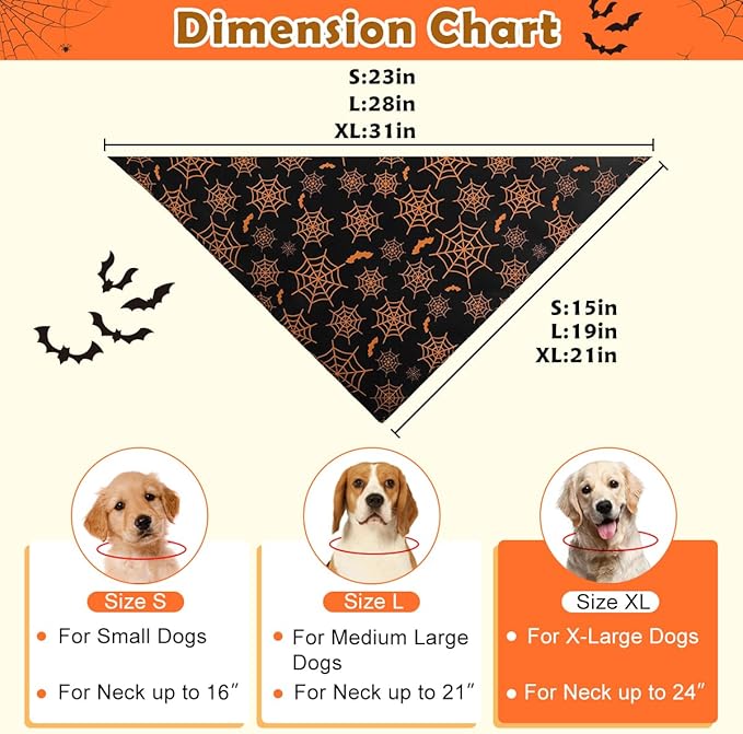 Kytely Halloween Dog Bandanas 2 Pack, Reversible Triangle Dog Bandanas for Boy and Girl, Multiple Sizes Offered, Pumpkin and Spider Web Bibs Fall Pet Scarf, Premium Durable Fabric (Large)