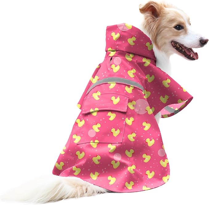 NACOCO Large Dog Raincoat Adjustable - Pet Rubber Ducks Yellow Water Proof Clothes Lightweight Rain Jacket Poncho Hoodies with Strip Reflective Pink (Pink M, Yellow Duck)