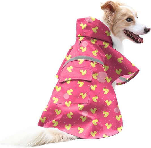 NACOCO Large Dog Raincoat Adjustable - Pet Rubber Ducks Yellow Water Proof Clothes Lightweight Rain Jacket Poncho Hoodies with Strip Reflective Pink (Pink XXL, Yellow Duck)