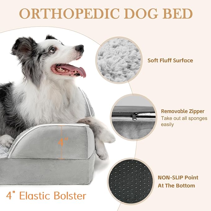 Comfort Expression Orthopedic Dog Bed for Medium Dogs 30x20 Inch, Waterproof Egg Crate Foam Medium Pet Bed with Removable Bolsters, Dog Couch with Washable Cover & Non-Slip Bottom, Gery White