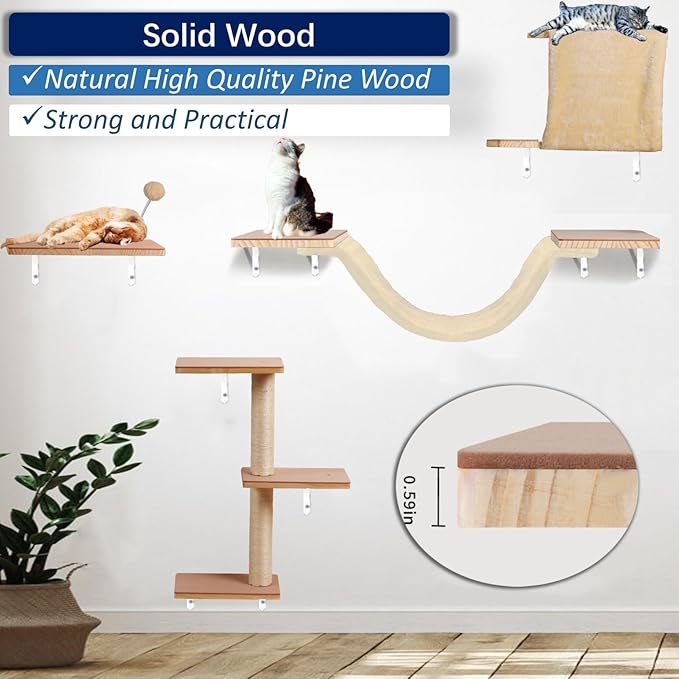 Cat Shelves for Wall, Solid Wood Cat Wall Furniture, with Cat's House, Bed, Hammock, Sisal Scratching Post Ladder (Beige)