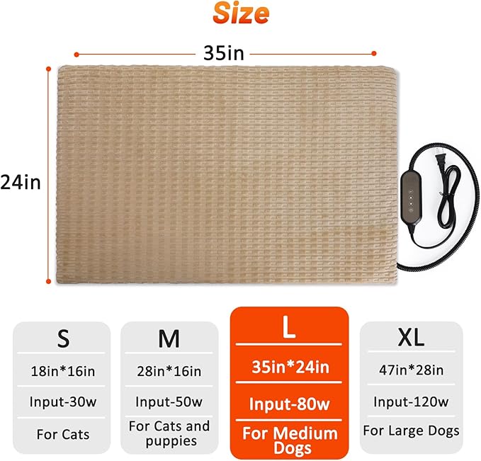 Cat Heating Pad, Waterproof Heated Cat Dog Bed with Adjustable Temperature & Timer, Electric Pet Mat for Indoor Cats Dogs, Chew Resistant Steel Cord（Large : 35"x24" Brown）