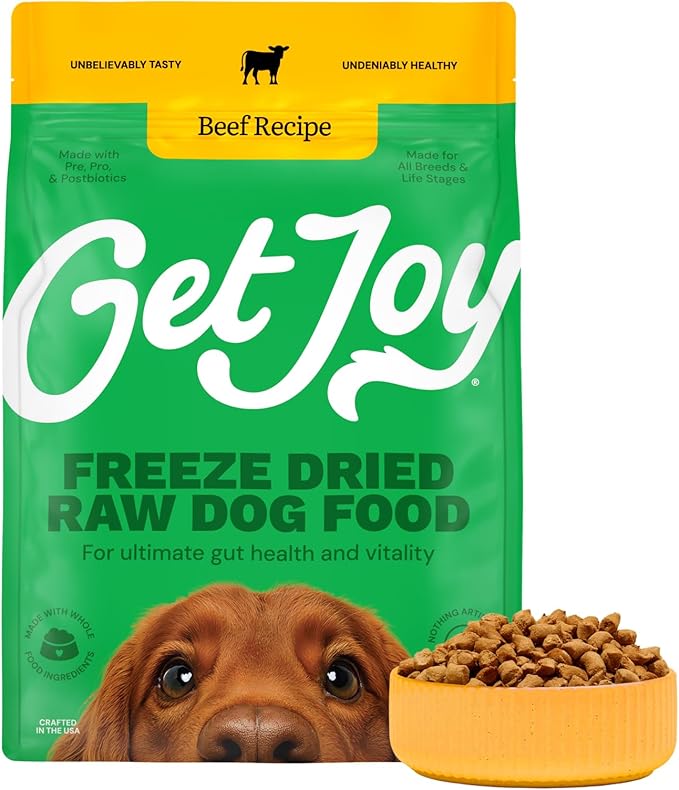 Get Joy Freeze Dried Raw Beef Dog Food, High Protein Grain Free Meal, Topper & Treat, Gut Health Support with Probiotics, Small to Large Breed, 16oz Bag