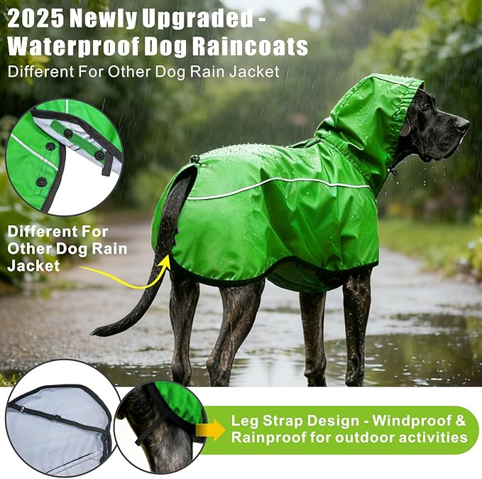 Mosucoirl Dog Raincoat Jacket Reflective Adjustable Hooded Pet Poncho Rain Coats with Leash Hole Waterproof Clothes for Small Medium Large Dogs (Green, XL)