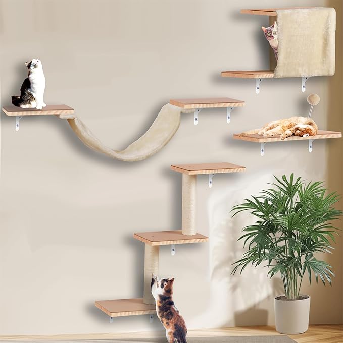 Cat Shelves for Wall, Solid Wood Cat Wall Furniture, with Cat's House, Bed, Hammock, Sisal Scratching Post Ladder (Beige)