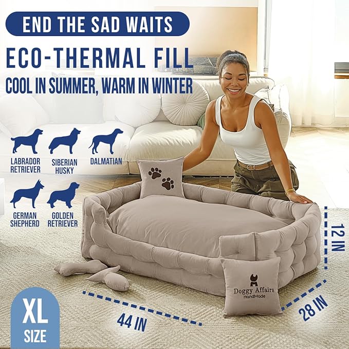 Luxury Dog Bed Chesterfield – Handcrafted Velvet Throne for Dogs | Joint Support, Calming & Temp-Regulating Comfort | Durable 5+ Years, Anti-Claw, Washable 100+ Times – XL, Ivory