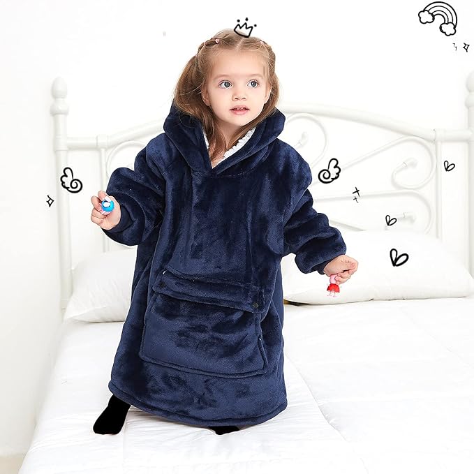 KFUBUO Wearable Blanket Hoodie for Kids Toddlers Sherpa Blanket Sweatshirt With Pocket Cute Hoodies 2-6 Year Old Girl Boy Birthday Gifts Navy