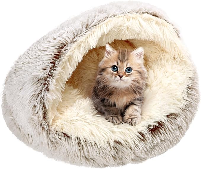 Calming Cat Beds, Fluffy Plush Round Cat Cave Washable, Cozy Warming Anti-Slip Small Dog Bed for Puppy and Kitten, Soft Anti Anxiety Pet Nest (20×20 inch, Coffee)