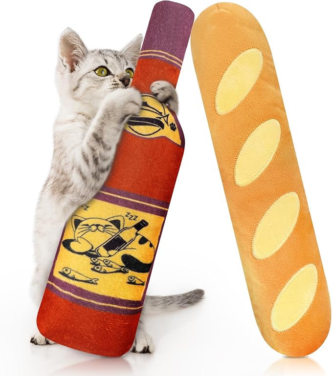 CiyvoLyeen Catnip Toy, Bread Wine Bottle Cat Kicker Toys Baguette Large Interactive Chew Teething for Kitten Indoor Filled Plush Catmint Stuff Gift for Cat Lover 2PCS