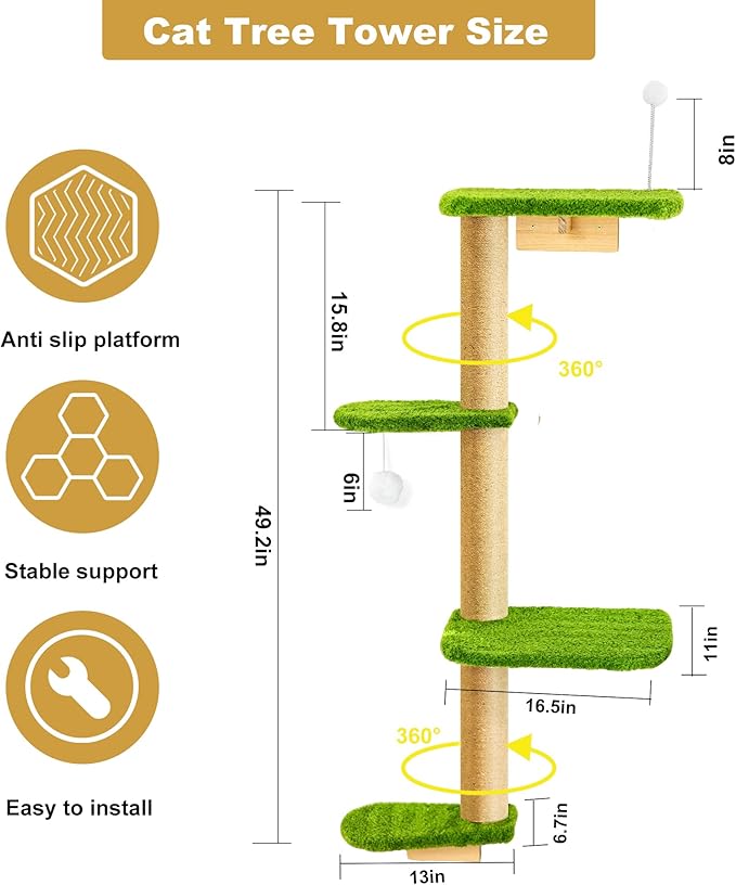 Cat Wall Climber and Floating Shelves, Wall Mounted Cat Tree for Kittens & Cats Up to 30lbs, 4-Tier Adjustable Design with Green Plush Pads
