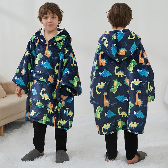 KFUBUO Dinosaur Wearable Blanket Hoodie for Kids Sherpa Patterns Oversized Sweatshirt Blanket with Pocket 6-10 Year Old Boys&Girls Birthday Gifts