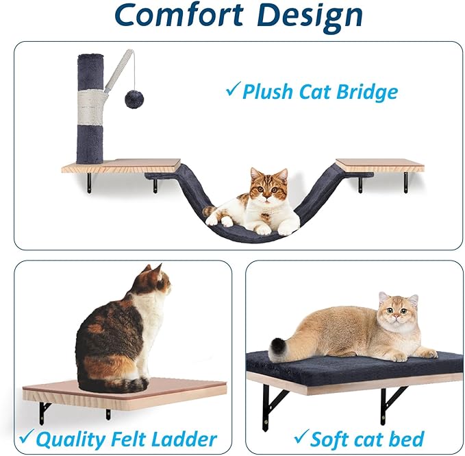 Cat Wall Shelves, Solid Wood Cat Wall Furniture Set, with Cats Bed, Hammock, Felt Ladder, Sisal Scratching Post & Ball (Dark Color)