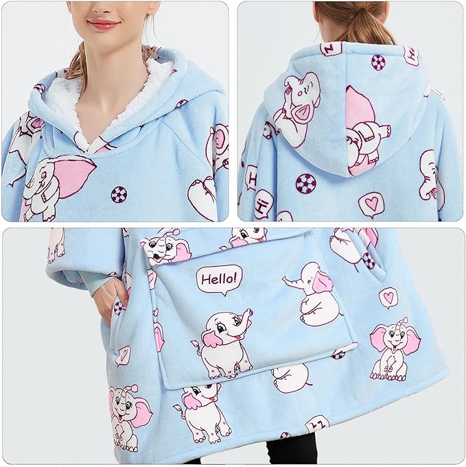 KFUBUO Wearable Blanket Hoodie for Adults Sherpa All Patterns Elephant Oversized Sweatshirt Blanket with Pockets Cute Hoodies Gifts for Women