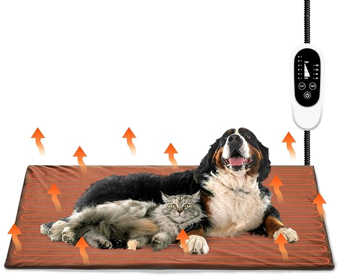 TURBRO 48x28” XX-Large Pet Heating Pad, Electric Heated Dog Bed for Large Breeds, Temperature and Timer Control, Anti-Bite Cord, Ultra-Soft and Anti-Slip Cover, Indoor Use, MET Certified, Brown