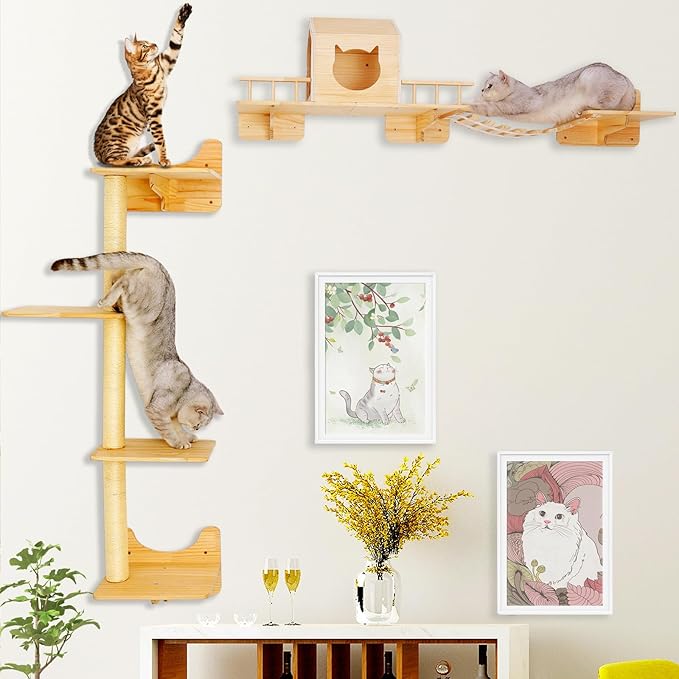 Cat Shelves for Wall, Climbing Shelves Wall-Mounted Furniture Set, Shelf with 1 House, 1 Bridge Ladder, 3 Scratching Posts and 5 Steps