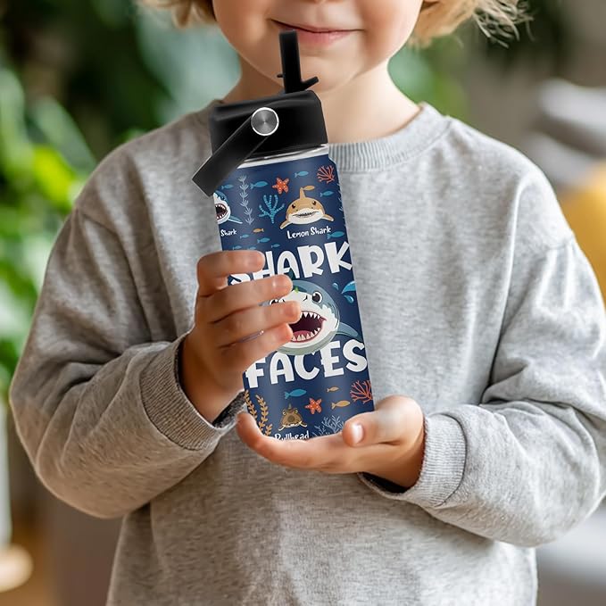 Shark Gifts, 16 oz Water Bottle with Straw Lid, Stainless Steel Insulated Tumbler, Cute Shark Water Bottles for Shark Lovers, Ocean Animals Lovers Gifts Cups