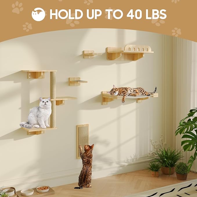 MeowHomm Cat Wall Shelves, Set of 6 Wooden Cat Wall Furniture Includes Scratching Post with 3 Steps, Jumping Platform, Hammock and Scratcher Board for Kittens