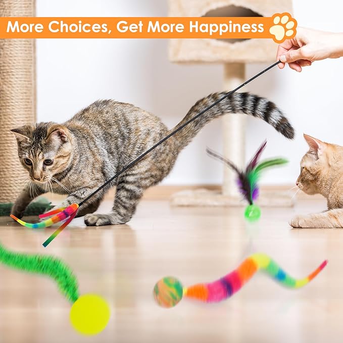 SHENGSEN Feather Wand Cat Toy，Bouncy Ball with Tail Cat Toys，Magic Worm with Large Colorful Ball Toy for Cats，Cat Feather Toys for Indoor Cats,Colorful Fuzzy Worm Bouncy Balls Cat Toy