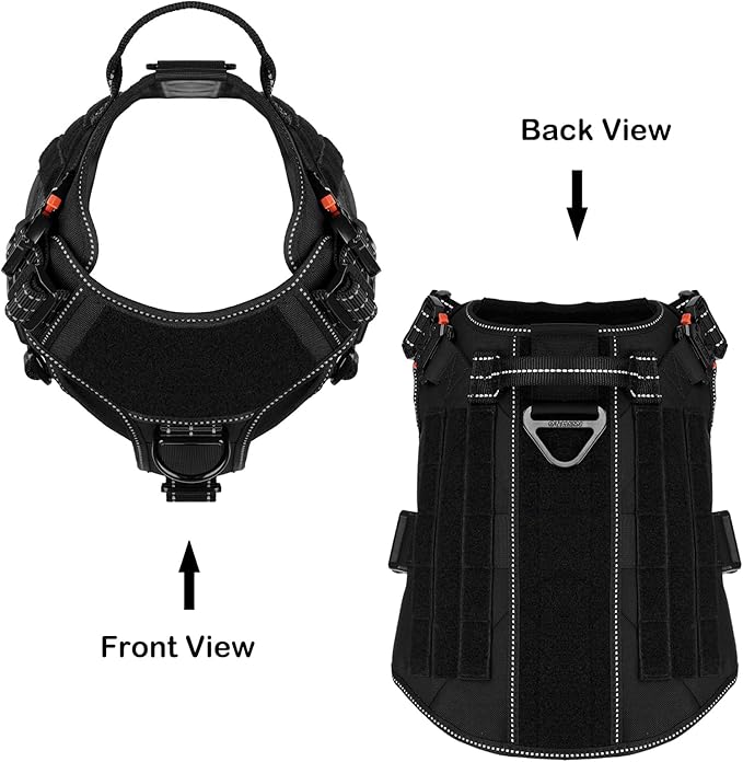 ICEFANG Tactical Dog Harness, X-Large Size,2X Metal Buckle,Working Dog MOLLE Vest with Handle,No Pulling Front Leash Clip,Hook and Loop Panel (Black,XL (Pack of 1))