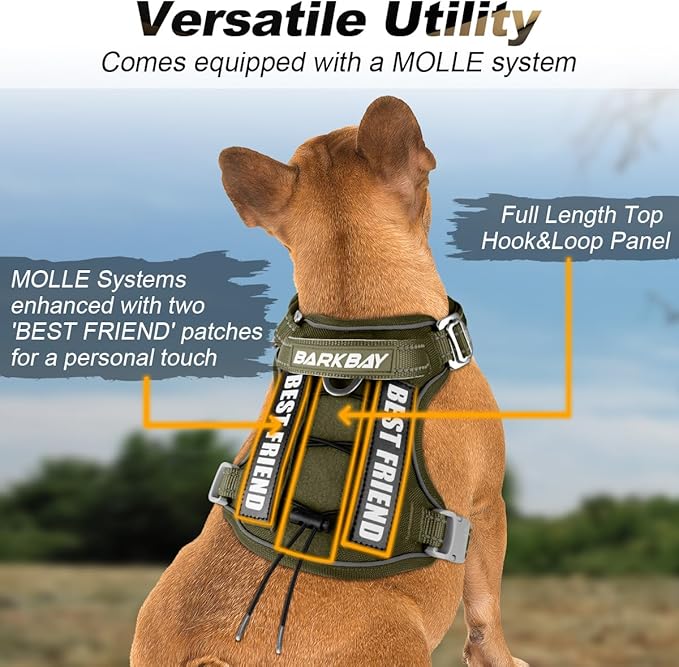 BARKBAY Service Dog Vest Tactical Dog Harness Medium Large Sized Dog Tags Personalized No Pull Adjustable Harness Reflective K9 Working Training Easy Control Military MolleSystem(Army Green,M)