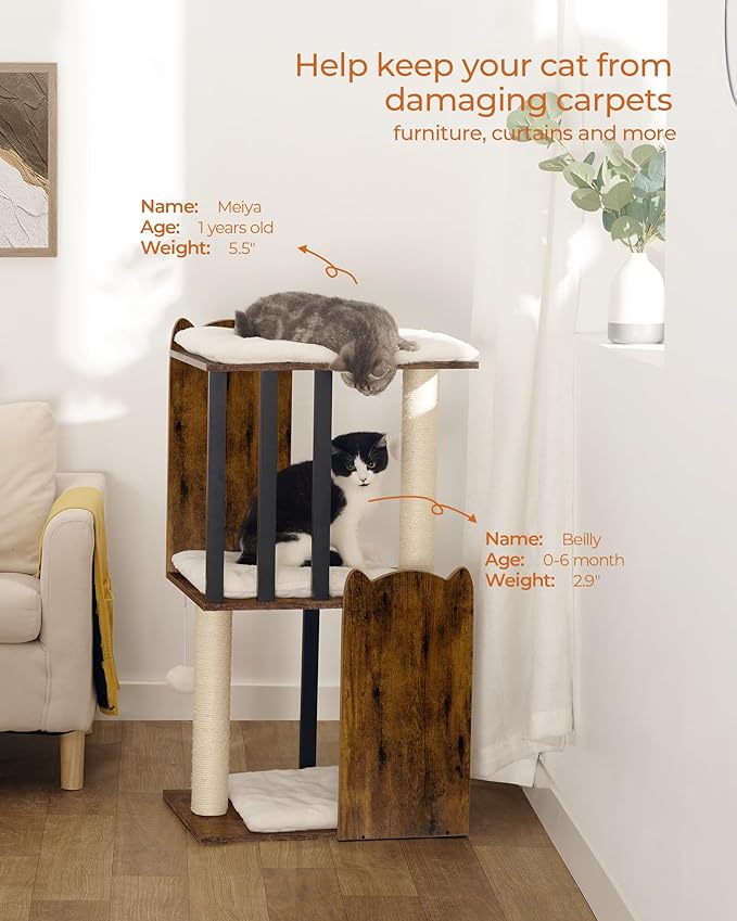 FourFurPets 35.4in 3-Tier Modern Cat Tree Tower Condo, Cat Scratch Posts for Indoor Cats, Big Plate, Two Full Sisal Scratching Posts, Rustic Brown